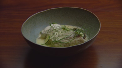 Poached Kingfish, Black Lentils and Anchovy Cream