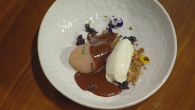 Poached Pear, Pistachio Shortbread, Dark Chocolate Sauce with Rosemary Vanilla Ice Cream