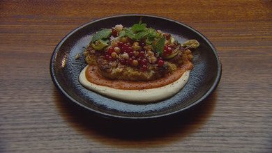 Roasted Cauliflower with Cashew Tarator, Harissa and Fried Chickpeas