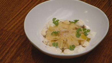 Egg Yolk Raviolo with Ricotta with Parmesan Foam