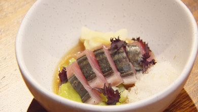 Seared Bonito with Lemongrass and Ginger Granita and Avocado and Ginger Puree