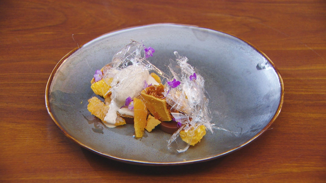 Caramelised Milk Chocolate Ganache with Isomalt Tuile and Brown Butter Ice Cream