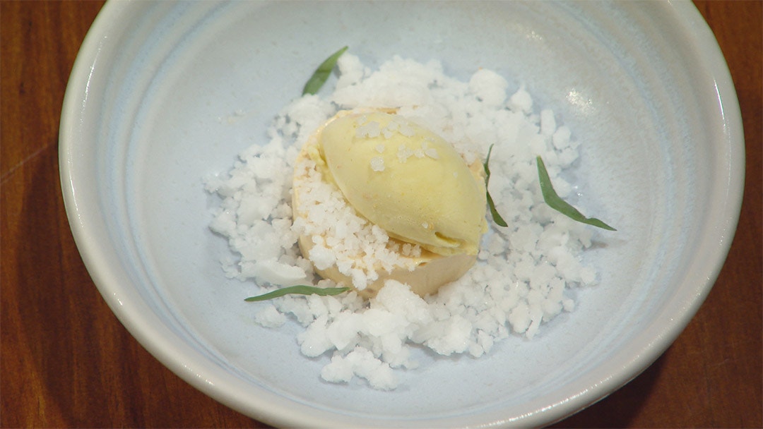 Mandarin and Tarragon Ice Cream, Caramelised White Chocolate and Miso Parfait with Verjuice Granita