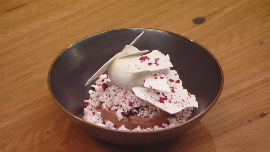 Chocolate Mousse, Coconut Gelato with Blood Lime and Cherry Compote, and Native Citrus