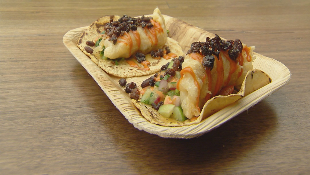 Crispy Fish Taco, Beer Battered Fish, Salsa, Hot Sauce, Spiced Mayo, Crispy Refried Beans
