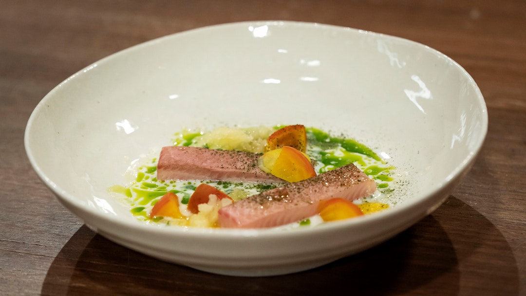 Cured Golden Trout with Apple Granita and Sour Milk Dressing
