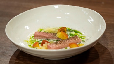 Cured Golden Trout with Apple Granita and Sour Milk Dressing