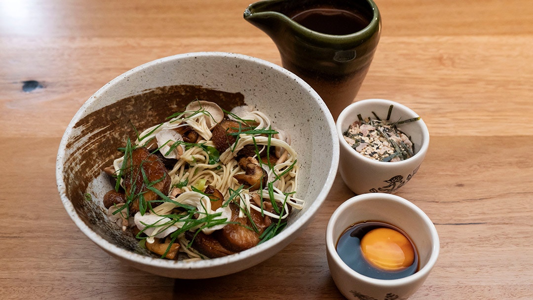 Mushroom and Bonito Broth with Buckwheat Noodles and Pancetta Furikake