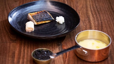 Barbequed Bonito with Bonito Tartare, Kohlrabi Flower and Bonito Wine Sauce