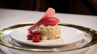 Pistachio Financier, Davidson Plum and Raspberry Sorbet and Meringue