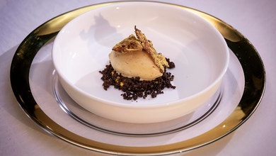 Jerusalem Artichoke Gelato with Caramel, Crispy Skin and Cumquat Gel