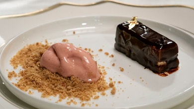 Hazelnut Cake with Chocolate Hazelnut Mousse, Mirror Glaze, Crumbs and Strawberry Sorbet