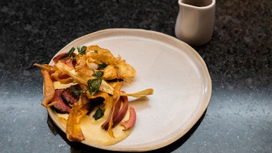 Seared Kangaroo, Bush Apples, Bush Apple Sauce and Parsnips
