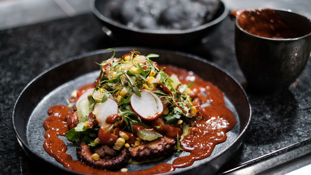 Grilled Octopus with Chipotle Chilli Sauce, Frijoles Negros, Guacamole, Corn Salsa and Tostada
