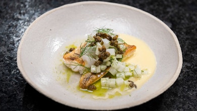 Flathead with Pickled Daikon, Fennel, Beurre Blanc and Fennel Oil