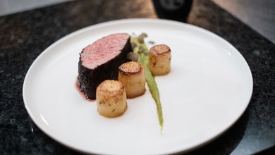 Coffee Crusted Beef with Fondant Potatoes, Asparagus Puree and Red Wine Sauce