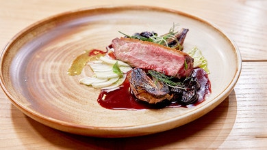 Crispy Skin Duck, Charred Shallots and Cherry Sauce 