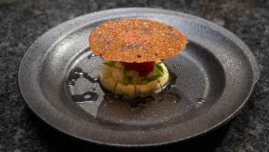 Strawberry Sorbet, Lemon and Basil with Black Pepper Lace Tuile