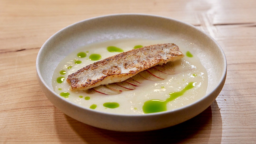 Pan Seared Whiting, Avogolemono, Basil Oil and Nectarines