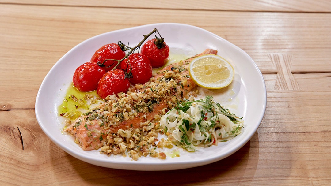 Walnut Pangratatto Trout, Roasted Tomatoes And Fennel Salad