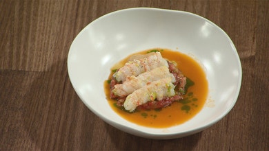 Pan Seared Scampi with Tomato Tartar and Scampi Fumet