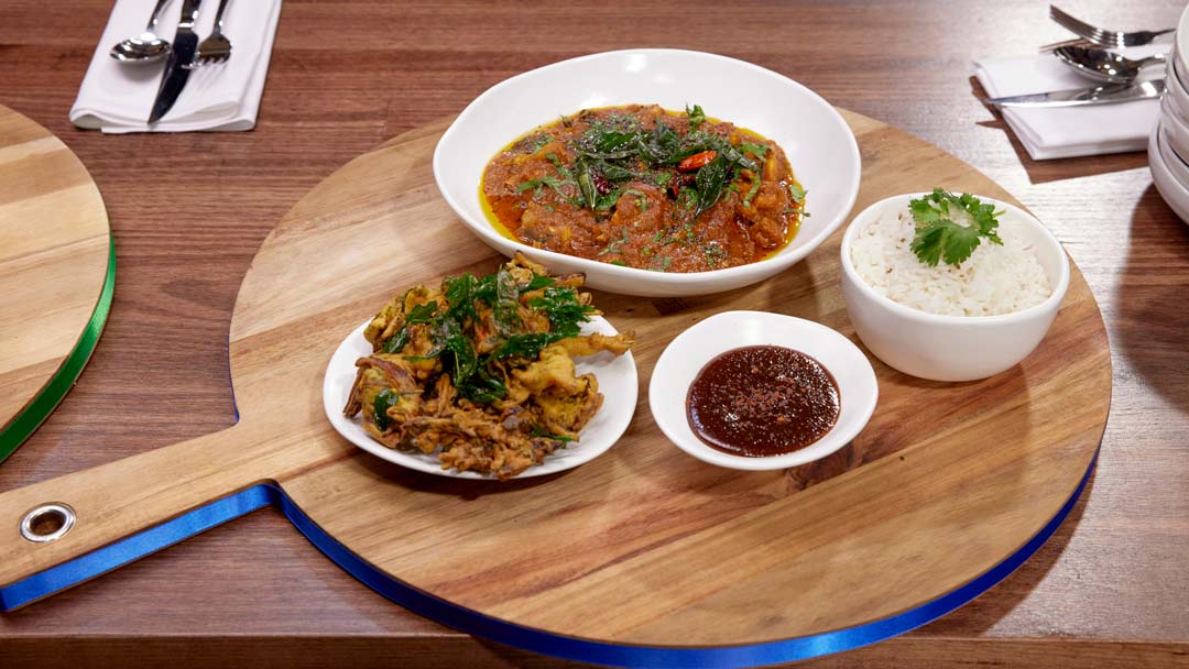 South Indian Chicken Curry with Pakoras and Cumin Rice