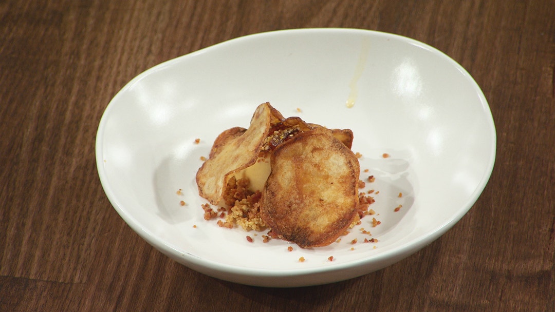 Bacon and Egg Ice Cream with Bacon Crumb and Potato Chips
