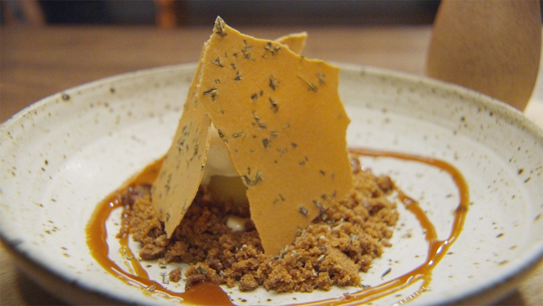 Poached Apple with Brown Butter Crumb and Rosemary Ice Cream