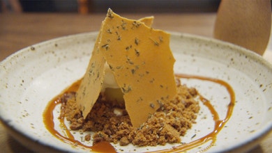 Poached Apple with Brown Butter Crumb and Rosemary Ice Cream