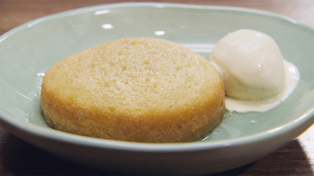 Olive Oil Cake with Lemon Myrtle Syrup and Fig Leaf Ice Cream