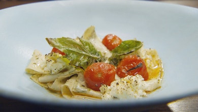 Basil Pappardelle with Pesto and Tomato Broth