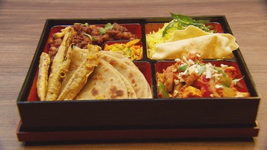 Tiffin Box with Chickpea Curry, Kadhai Paneer, Cauliflower Okra Chips, Grandma's Mustard Pickle
