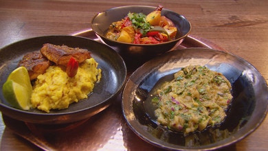 Smoked Eggplant Niramish with Kitchari and Spiced Fried Fish