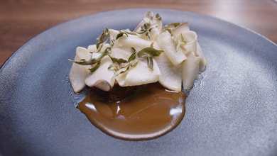 Lamb And Turnip With Saltbush And Roasted Lamb Sauce