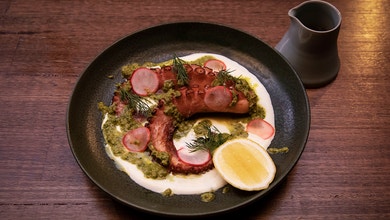Octopus with Lemon Labneh, Zhoug, Pickled Radish