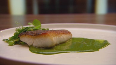 Pan Fried Cod with Danish Fox Sauce and Lemon Greens