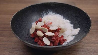 Vinegar Sorbet, Rhubarb Compote and Almond Granita