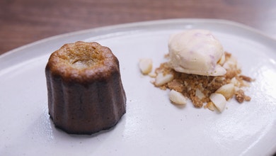 Black Garlic Canelé with Goat Yoghurt and Pomegranate Ripple Ice-Cream