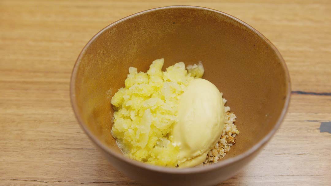 Curry Ice Cream, Pineapple Granita & Peanut Coconut Crumble