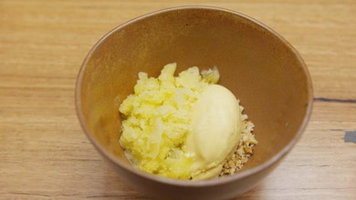 Curry Ice Cream, Pineapple Granita & Peanut Coconut Crumble