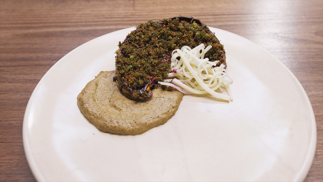 Roasted Pumpkin with Charred Leek Puree, Pickled and Fried Broccoli