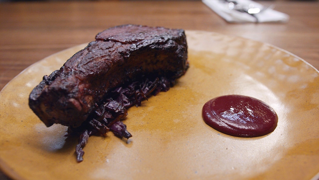 Blackberry Glazed Pork with Braised Red Cabbage, Blackberry Sauce