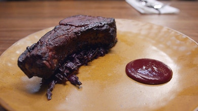 Blackberry Glazed Pork with Braised Red Cabbage, Blackberry Sauce