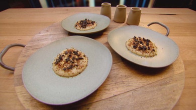 Potato Puree with Buttermilk, Caramelised Buttermilk, Dried Olives