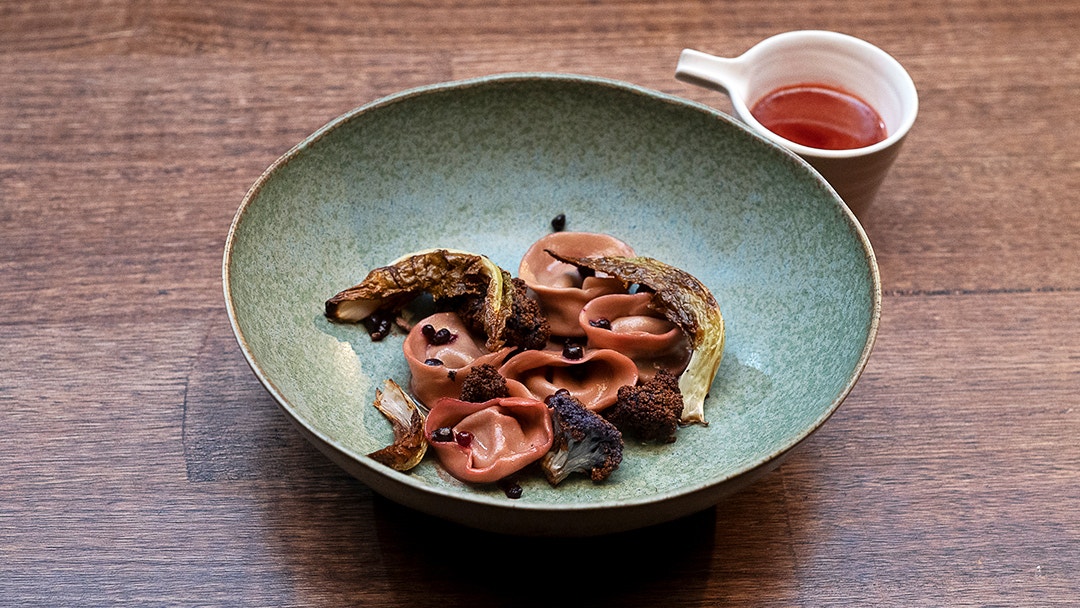 Blackberry Tortellini with Lamb, Verjus and Cauliflower