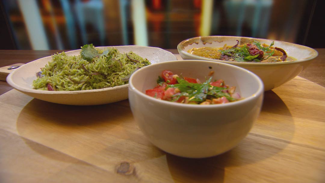 Prawn Moilee with Coriander Rice and Peanut Salsa