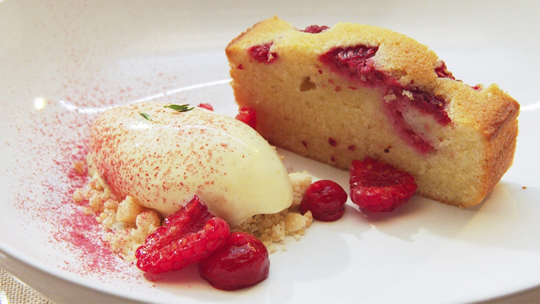 Raspberry Friand, Mascarpone And Thyme Ice Cream and Raspberry Gel