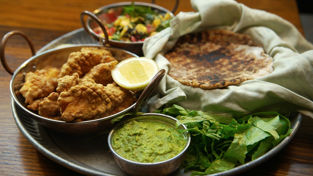 Fish Pakora With Spiced Potato Scones, Coriander Chutney And Charred Mango Chutney