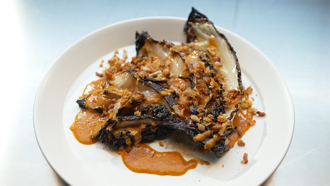 Burnt Cabbage with Smoked Tomato Beurre Blanc and Pork Fat Pangrattato