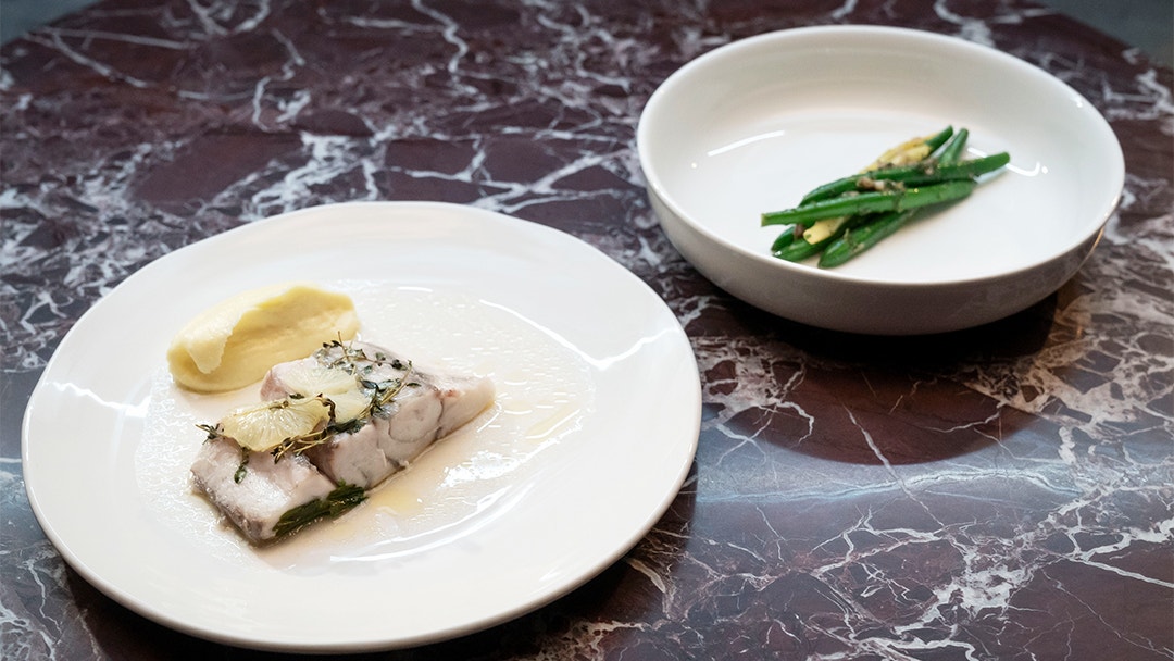 Barramundi en Papillote, Green Beans, Pomme Purée